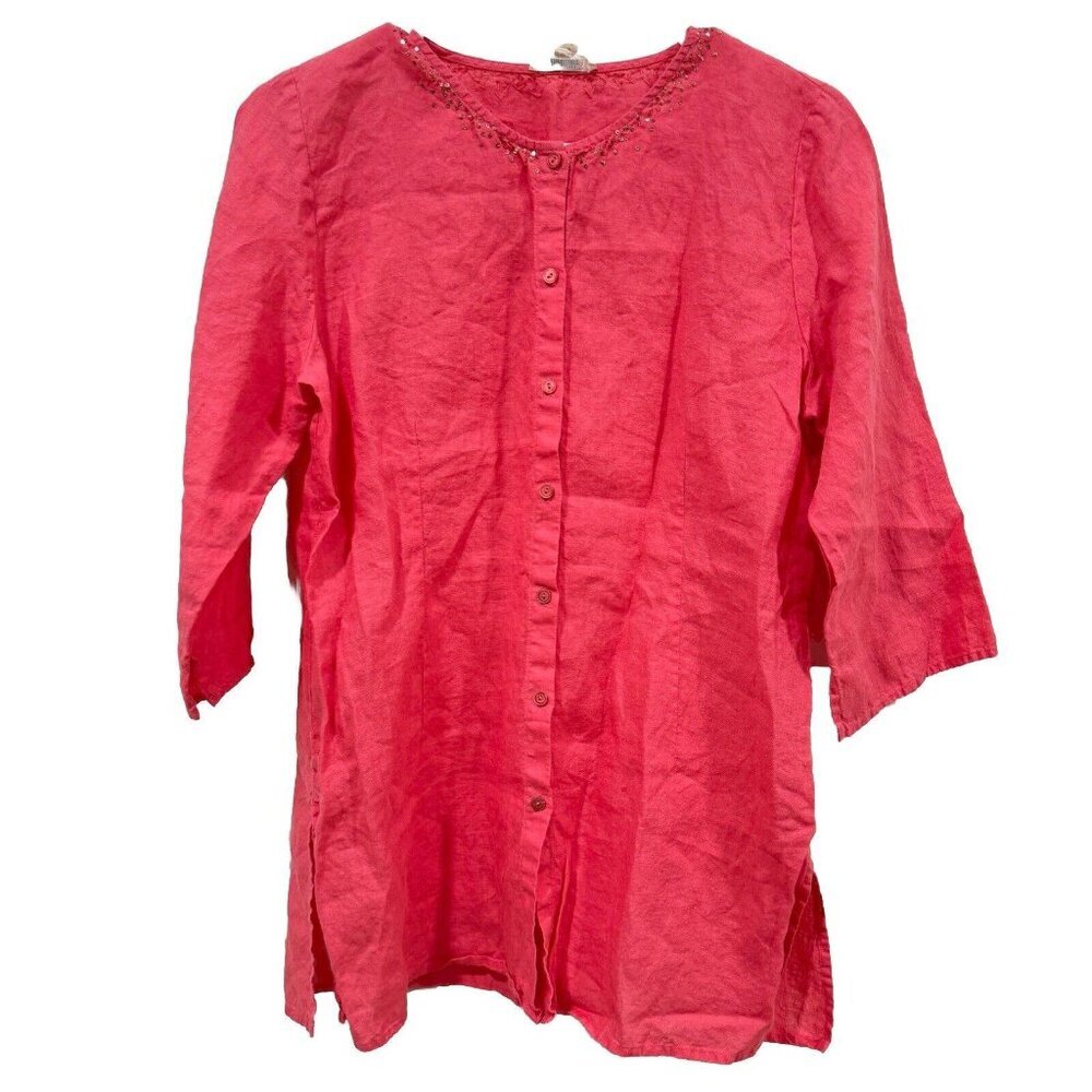 Eileen Fisher Top Size PM Irish Linen Sequins‎ Button Up 3/4 Sleeves Split Sides